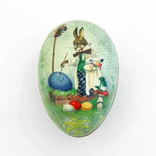 3-1/2" Green Papier Mache Easter Egg Container with Vintage Artist Bunny and Eggs ~ Germany